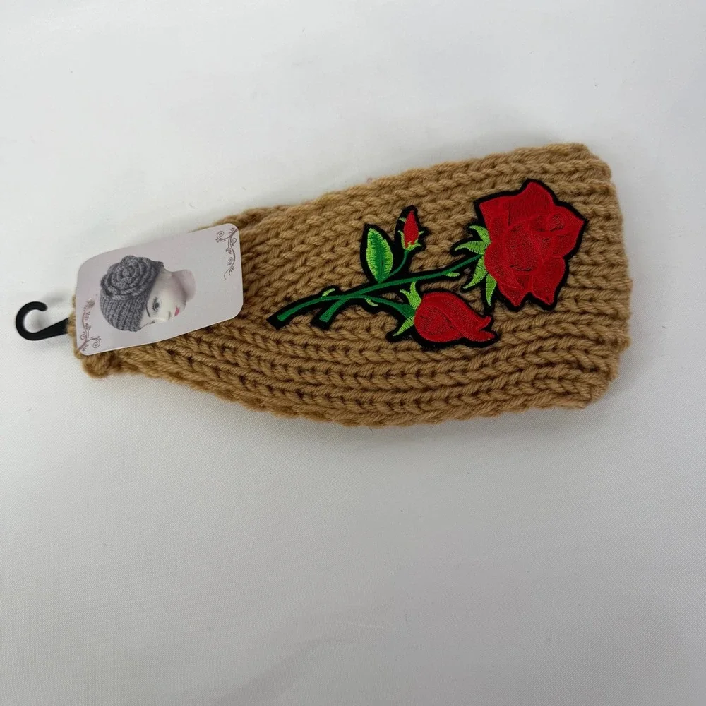Tan Knit Rose Embroidered Ear Warmer Headband Floral Winter Headwrap WT-510R NEW